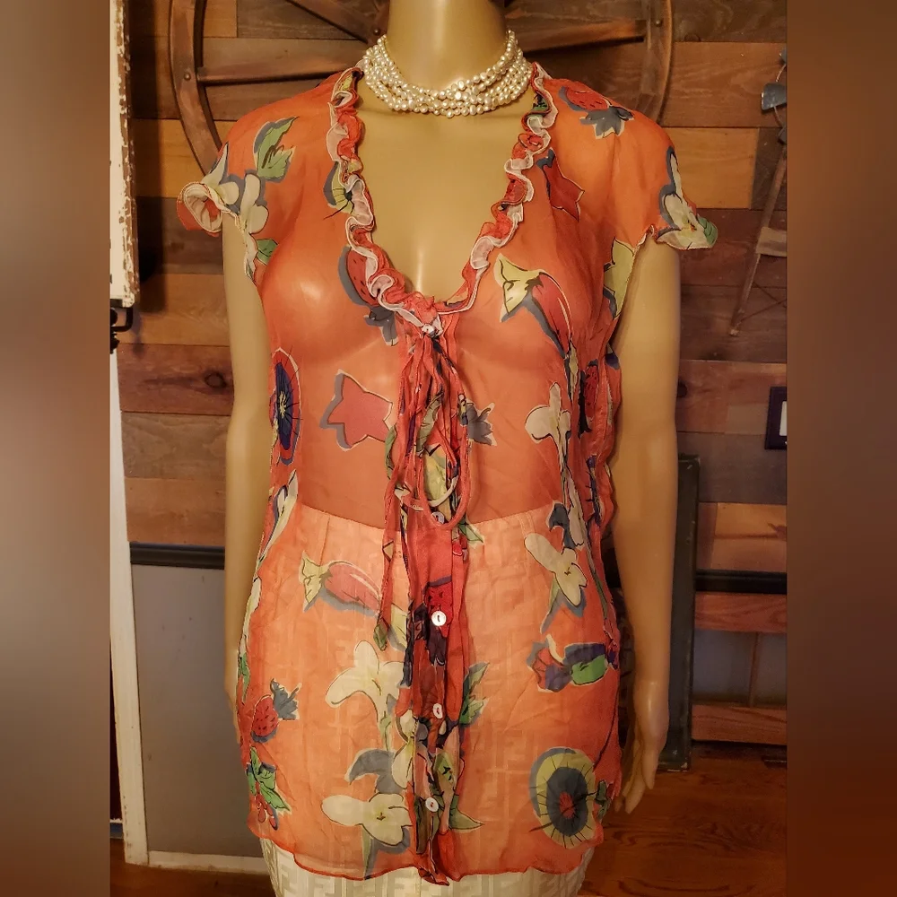 Dolce & Gabbana Red Floral Silk Semi Sheer Blouse - Picture 2 of 12